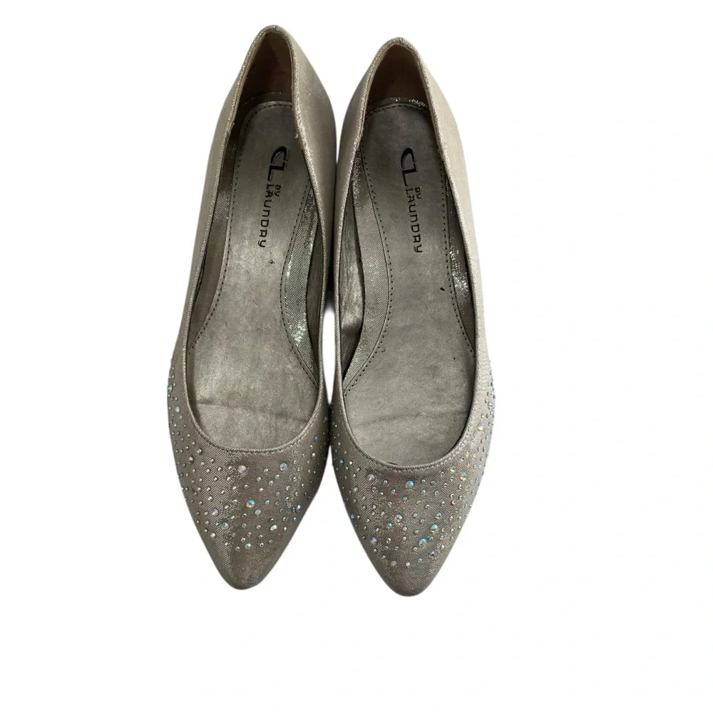 Laundry Metallic Beige Gold Ballet Flats Siver Rhinestones Pointed Toe Party 8.5